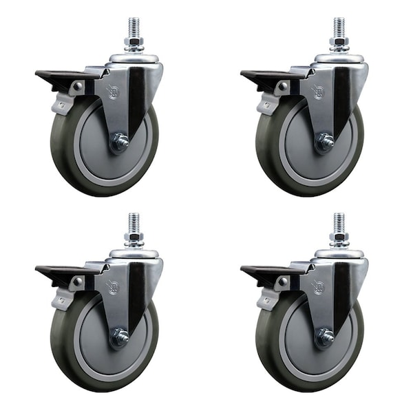 5 Inch Gray Polyurethane 10 MM Threaded Stem Caster Set with Brake